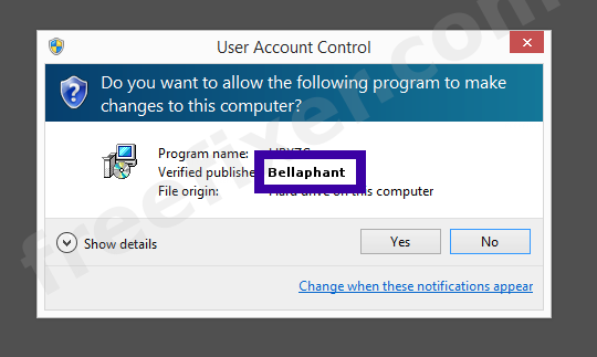 Screenshot where Bellaphant appears as the verified publisher in the UAC dialog