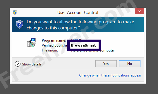 Screenshot where BrowseSmart appears as the verified publisher in the UAC dialog