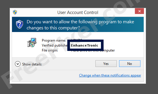 Screenshot where EnhanceTronic appears as the verified publisher in the UAC dialog