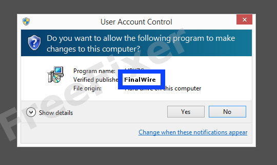 Screenshot where FinalWire appears as the verified publisher in the UAC dialog