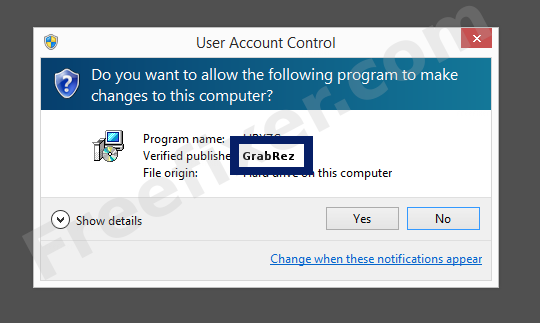 Screenshot where GrabRez appears as the verified publisher in the UAC dialog