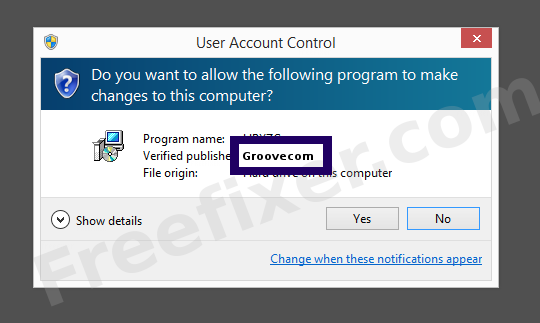 Screenshot where Groovecom appears as the verified publisher in the UAC dialog