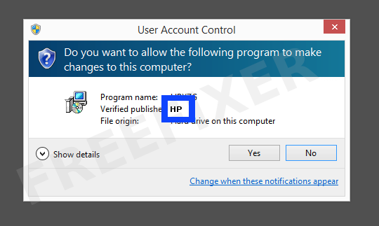 Screenshot where HP appears as the verified publisher in the UAC dialog