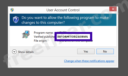 Screenshot where INFORMTORGSERVIS appears as the verified publisher in the UAC dialog