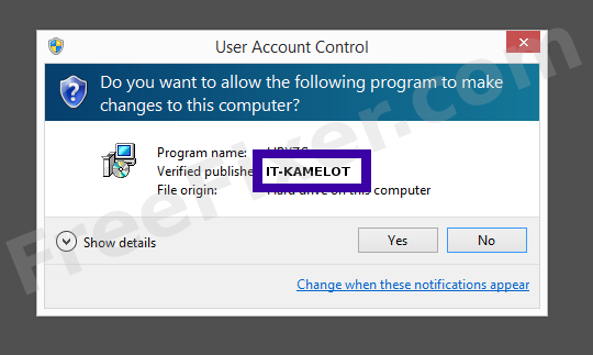 Screenshot where IT-KAMELOT appears as the verified publisher in the UAC dialog