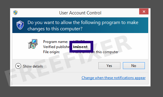 Screenshot where Iminent appears as the verified publisher in the UAC dialog