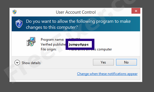 Screenshot where JumpyApps appears as the verified publisher in the UAC dialog