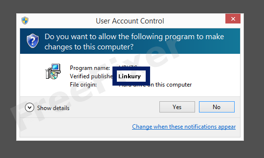 Screenshot where Linkury appears as the verified publisher in the UAC dialog