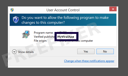 Screenshot where MyViralApp appears as the verified publisher in the UAC dialog