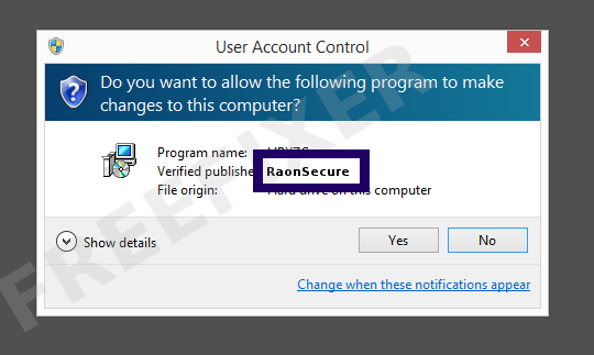 Screenshot where RaonSecure appears as the verified publisher in the UAC dialog