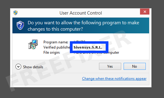 Screenshot where Sivensys.S.R.L. appears as the verified publisher in the UAC dialog