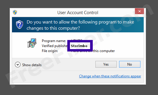Screenshot where Storimbo appears as the verified publisher in the UAC dialog