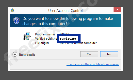 Screenshot where Syndacato appears as the verified publisher in the UAC dialog