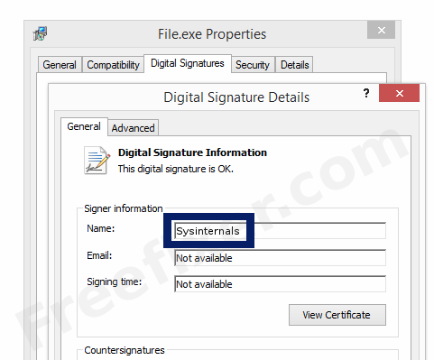 Screenshot of the Sysinternals certificate