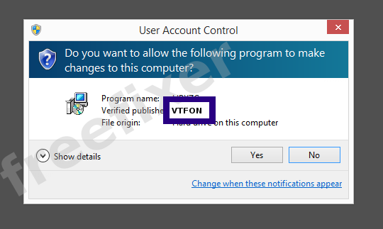 Screenshot where VTFON appears as the verified publisher in the UAC dialog