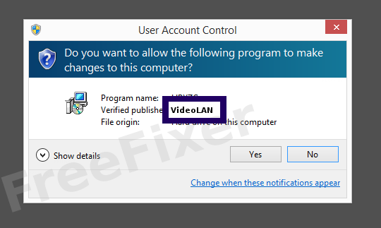 Screenshot where VideoLAN appears as the verified publisher in the UAC dialog