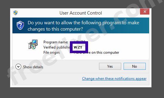 Screenshot where WZT appears as the verified publisher in the UAC dialog