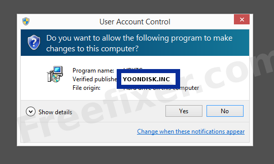 Screenshot where YOONDISK.INC appears as the verified publisher in the UAC dialog