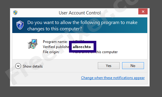 Screenshot where albrechto appears as the verified publisher in the UAC dialog