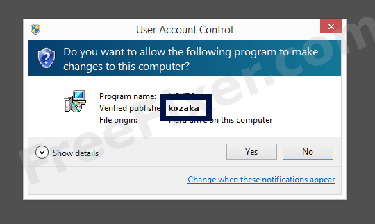 Screenshot where kozaka appears as the verified publisher in the UAC dialog