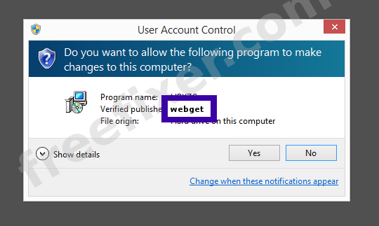 Screenshot where webget appears as the verified publisher in the UAC dialog